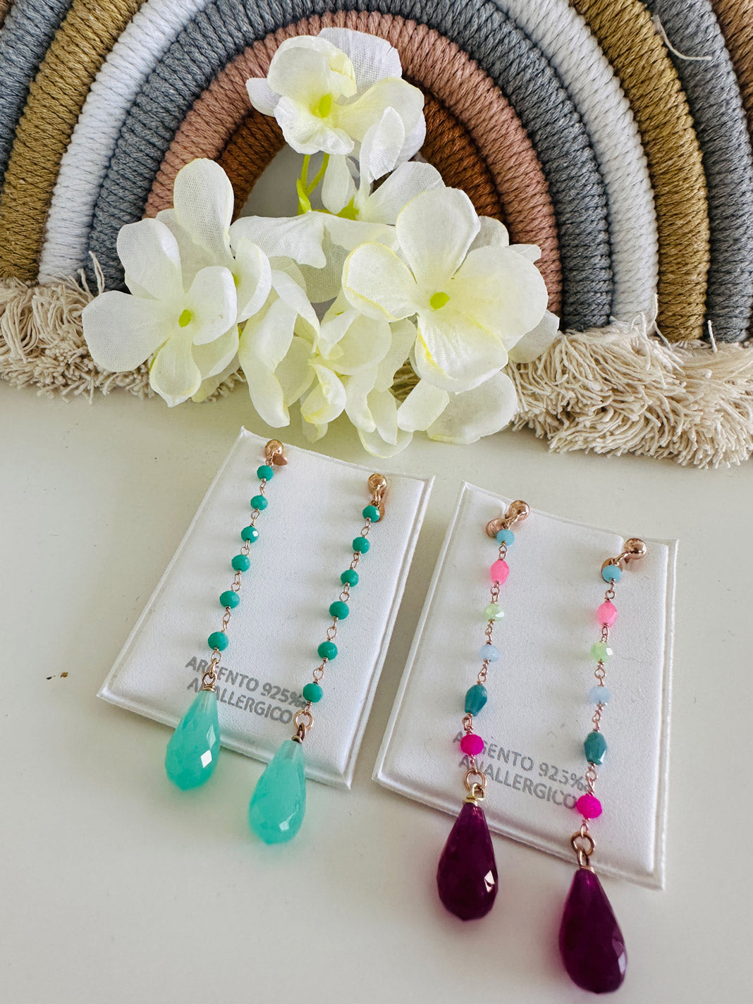 Orecchini Pietre Color Fuxia e Verde Acqua - Gioielli Argento Moda Made in Italy