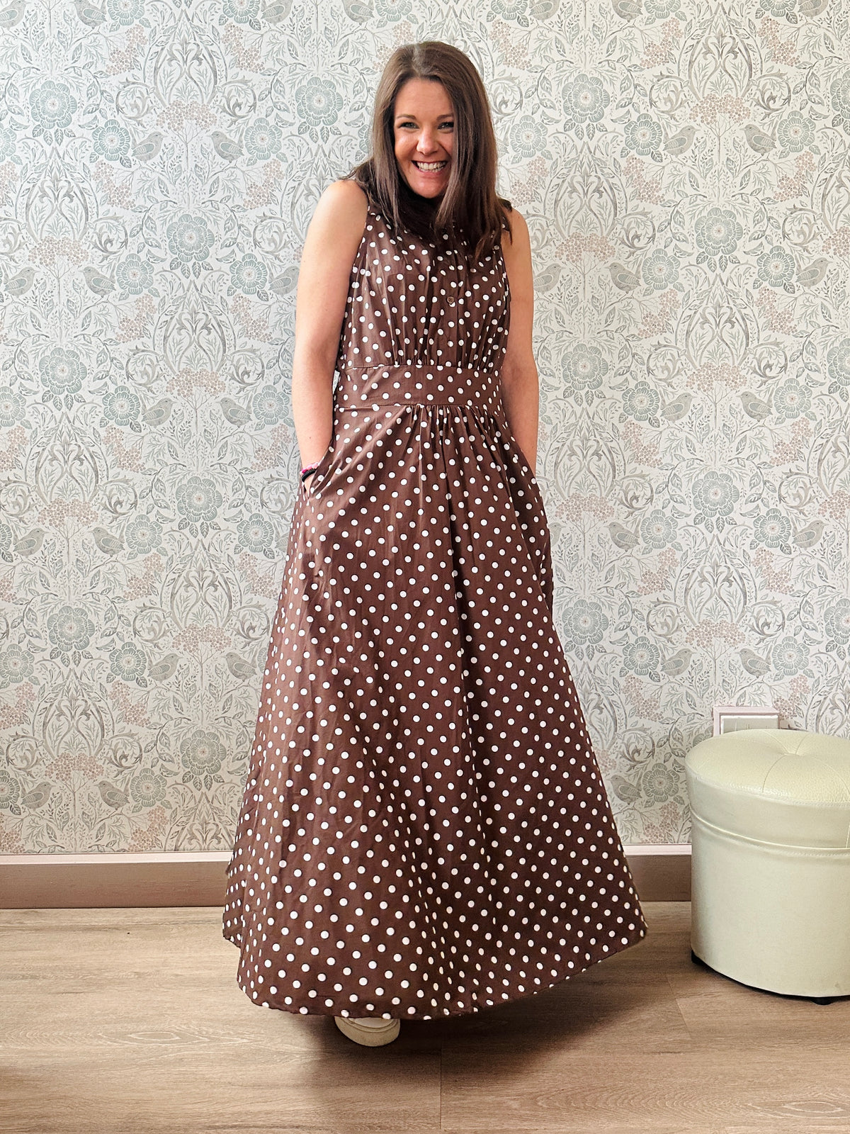 Abito Lungo Pretty Pois Marrone - Abbigliamento Moda Donna Made in Italy