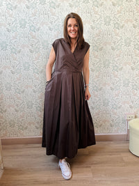 Abito Lungo Sandy Marrone cintura in vita - Abbigliamento Moda Donna Made in Italy