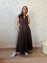 Abito Lungo Sandy Marrone cintura in vita - Abbigliamento Moda Donna Made in Italy
