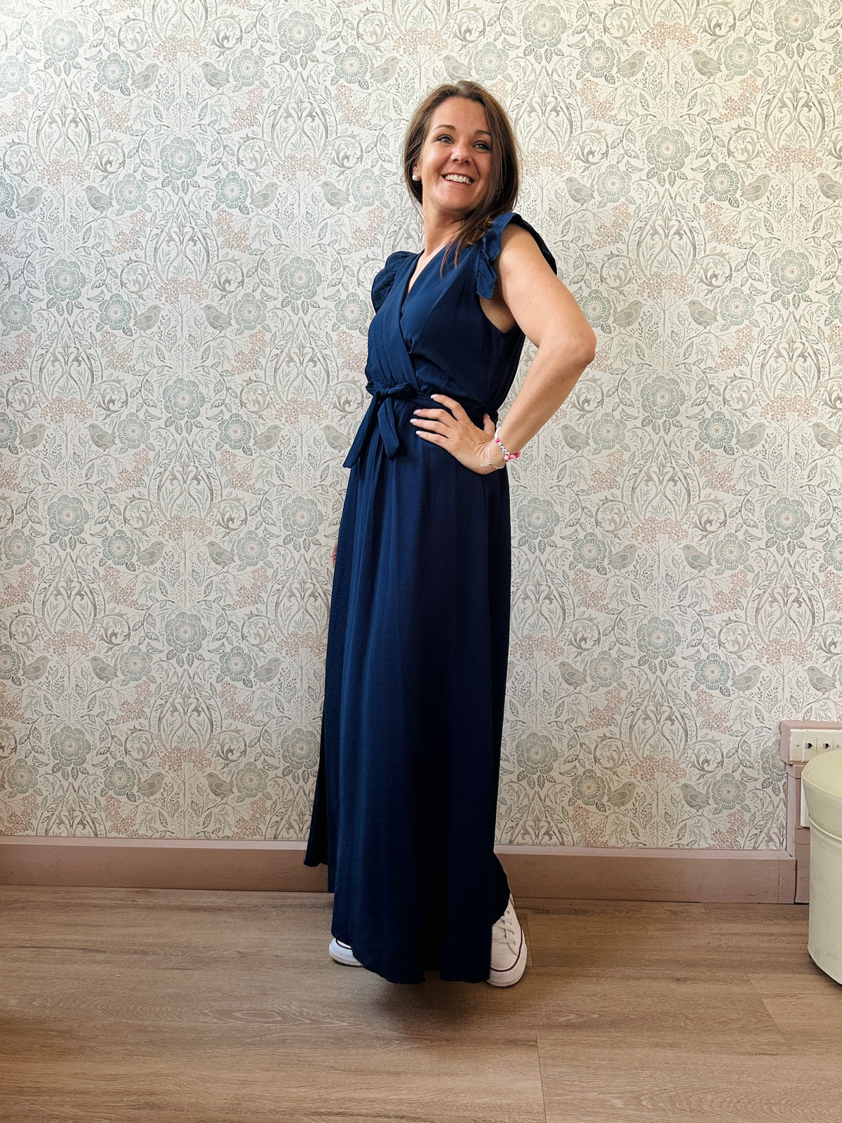 Abito Volant Blu con cintura a chiusura - Abbigliamento Moda Donna Made in Italy
