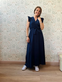 Abito Volant Blu con cintura a chiusura - Abbigliamento Moda Donna Made in Italy