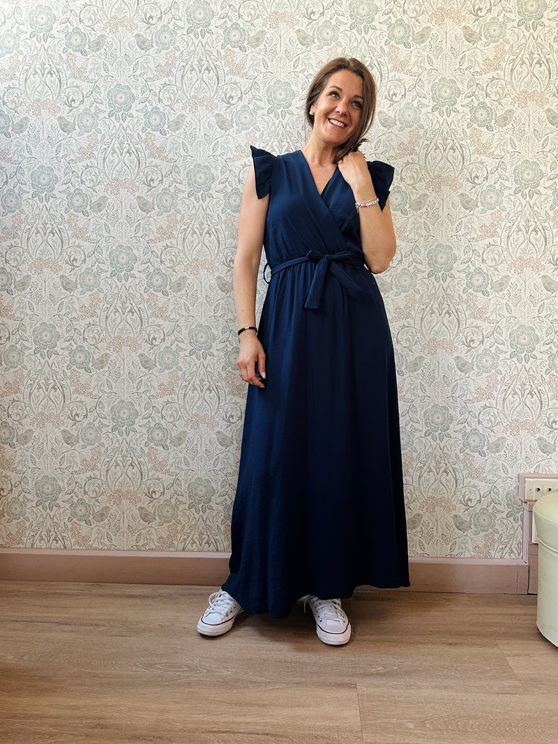 Abito Volant Blu con cintura a chiusura - Abbigliamento Moda Donna Made in Italy