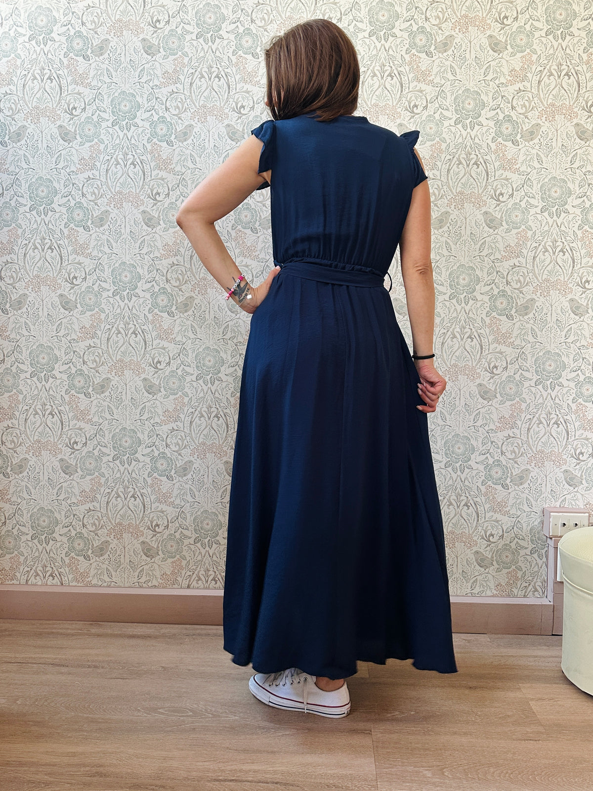 Abito Volant Blu con cintura a chiusura retro - Abbigliamento Moda Donna Made in Italy