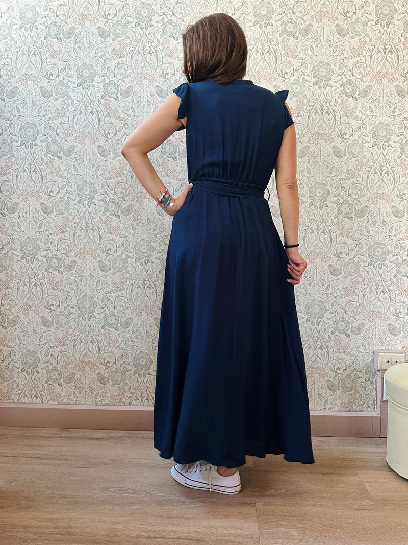 Abito Volant Blu con cintura a chiusura retro - Abbigliamento Moda Donna Made in Italy