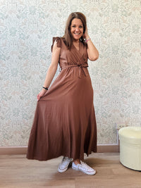 Abito Volant Marrone con cintura a chiusura - Abbigliamento Moda Donna Made in Italy