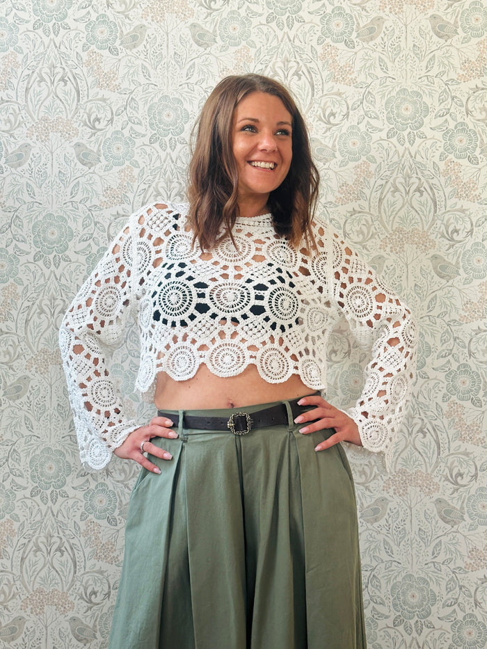 Blusa Bianca Macramè manica lunga - Abbigliamento Moda Donna Made in Italy