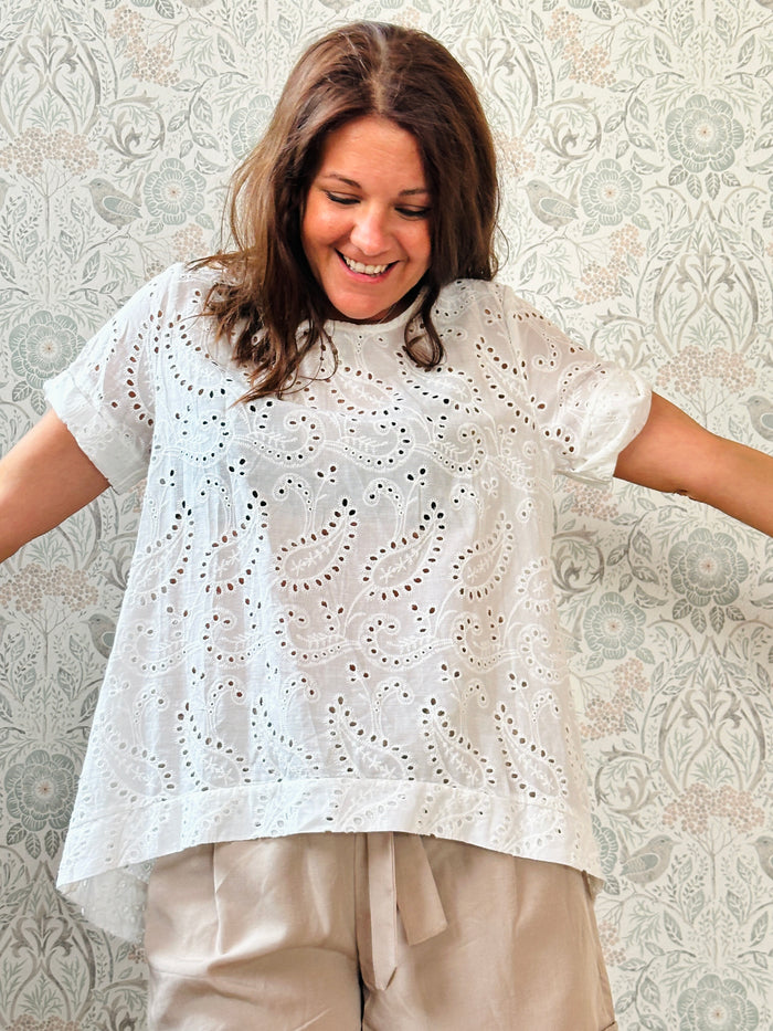 Blusa 100% cotone, bianca a manica corta e scollo tondo. Lavorazione sangallo con trama jacquard. 