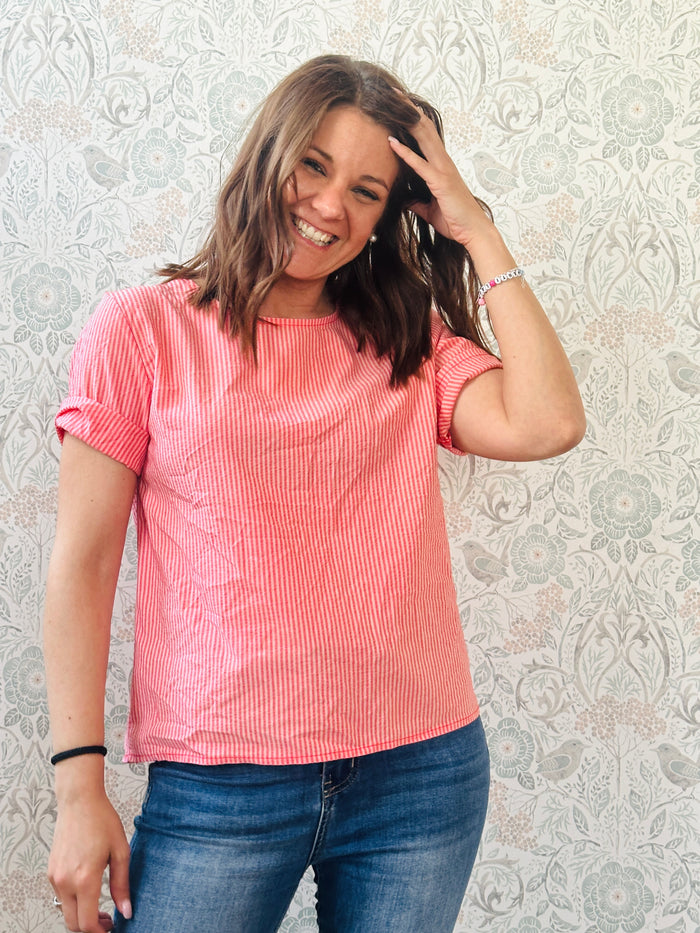 Blusa Caterina Rosa trama a righe - Scollo tondo e Taglio leggermente svasato - Abbigliamento Moda Donna Made in Italy