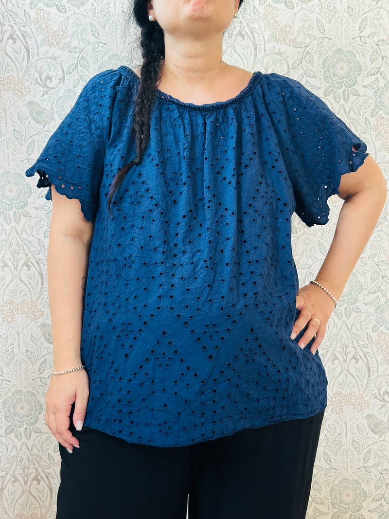 Blusa blu, 100% viscosa, curvy, a manica corta con scollo tondo. Taglio svasato e ricami sangallo davanti. Taglia unica consigliata fino alla 54. 