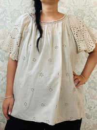 Blusa a manica corta con scollo tondo. Taglio svasato e ricami sangallo davanti. 