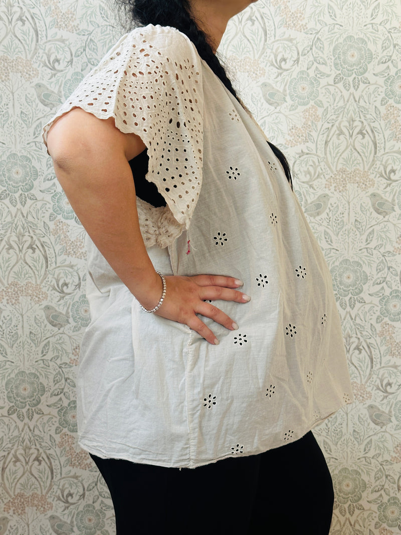Blusa a manica corta con scollo tondo. Taglio svasato e ricami sangallo davanti. 