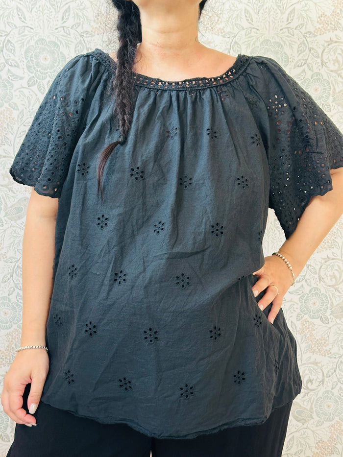 Blusa a manica corta con scollo tondo. Taglio svasato e ricami sangallo davanti. 