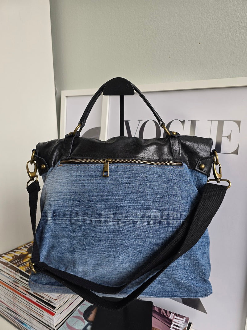 Borsa Denim e Vera Pelle Nera Retro Tracolla - Accessori Donna Made in Italy