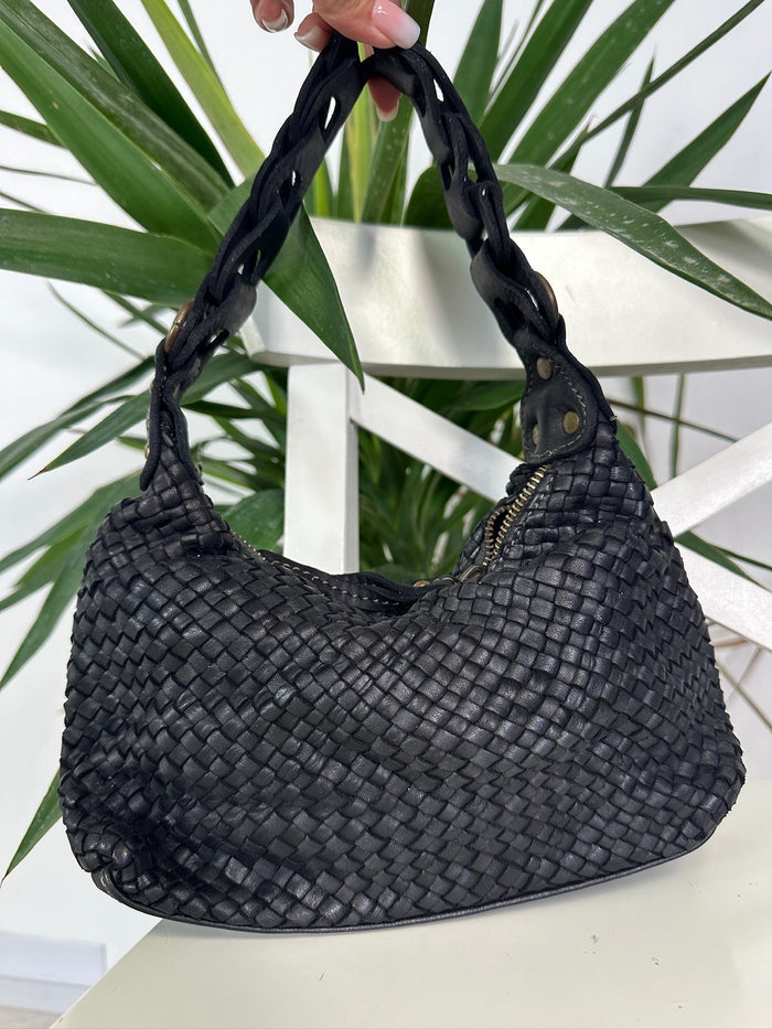 Borsa Mini Marissa Vera Pelle Fiorentina Intrecciata Nera - Accessori Moda Donna Made in Italy Must Have