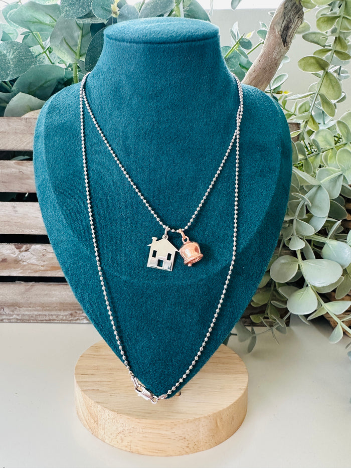 Collana Argento 925: Casetta Piatta e Campanella Rosata