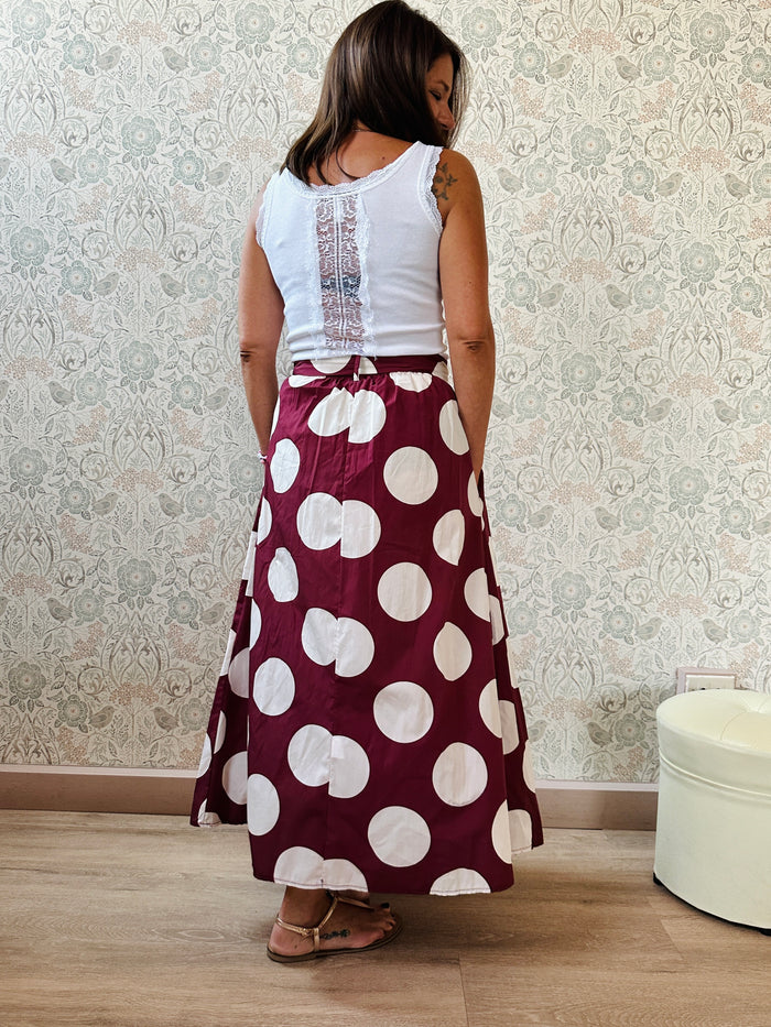 Gonna bordeaux a pois, 100% cotone con fiocco davanti ed elastico in vita sul retro