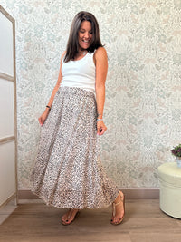 Gonna bianca midi con stampa animalier. Elastico in vita.