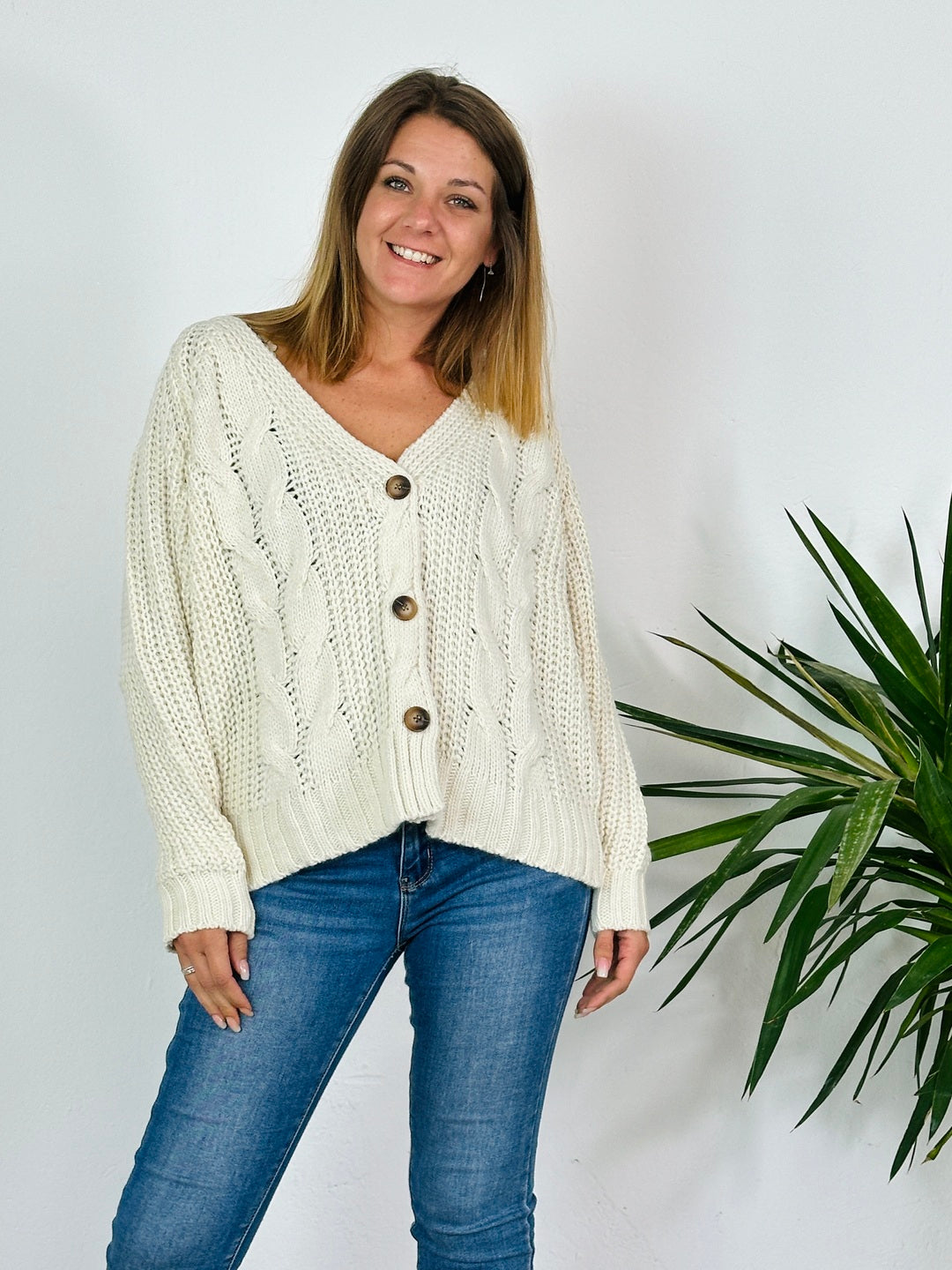 la valigia a pois Maglione Cardigan Tricot Crema