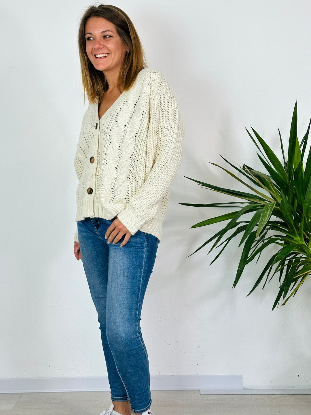 la valigia a pois Maglione Cardigan Tricot Crema