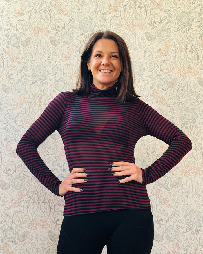 LVP T-Shirt Manica Lunga Bodycon Dolcevita Righe Purple