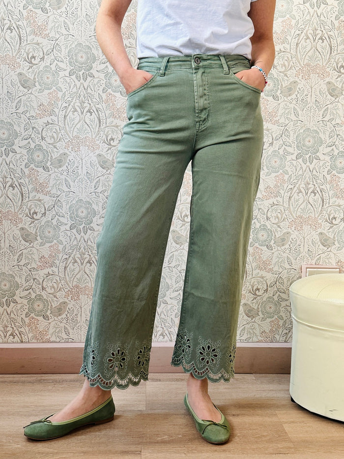 Jeans Flower Verde Militare - Abbigliamento Donna Made in Italy Must Have