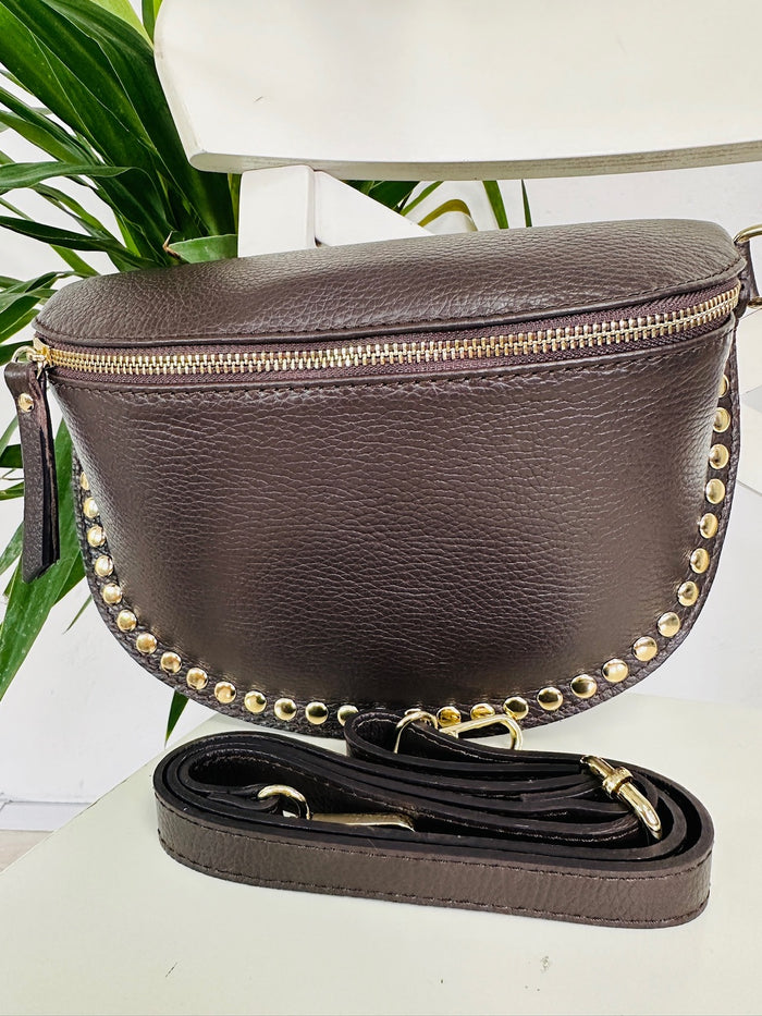 Marsupio Borchie Marrone Caffè Vera Pelle Fiorentina - Accessori Moda Donna Made in Italy Must Have