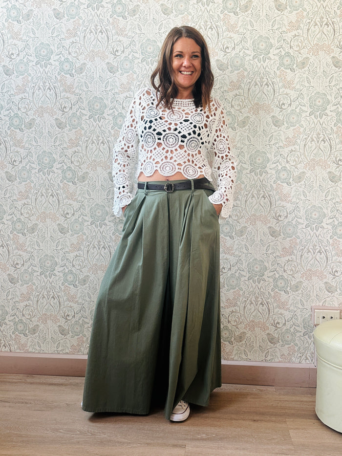 Pantagonna Caraibi Verde Militare con cintura - Abbigliamento Moda Donna Made in Italy